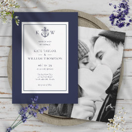 Invitación Boda de Monograma Azul de la Marina de Ancla Náuti