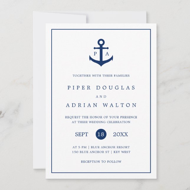 Invitación Boda de Monograma Azul de la Marina de Anclaje Náu (Anverso)