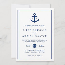 Invitación Boda de Monograma Azul de la Marina de Anclaje Náu