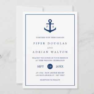 Invitación Boda de Monograma Azul de la Marina de Anclaje Náu