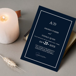 Invitación Boda de Monograma Azul de la Marina Minimalista mo