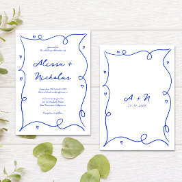 Invitación Boda de monograma azul dibujado a mano caprichosa