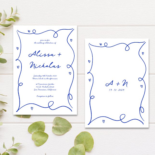 Invitación Boda de monograma azul dibujado a mano caprichosa (Subido por el creador)