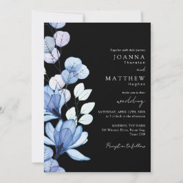 Invitación Boda de monograma azul floral negro y blanco