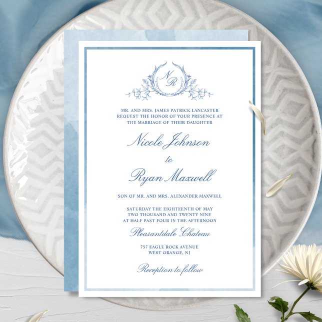 Invitación Boda de monograma azul formal clásico (Subido por el creador)