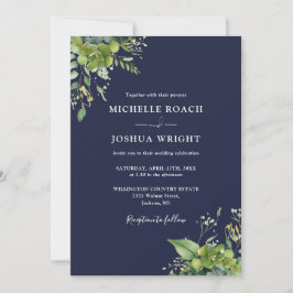 Invitación Boda de monograma azul marino con vegetación de eu