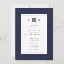 Invitación Boda de Monograma Azul Marino Rueda Náutica de Bar
