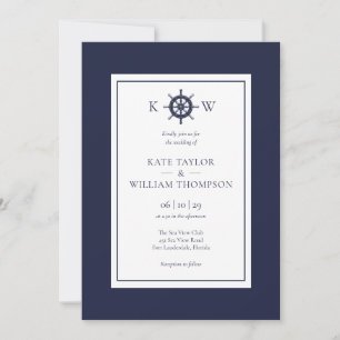 Invitación Boda de Monograma Azul Marino Rueda Náutica de Bar