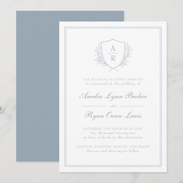 Invitación Boda de Monograma Azul Polvoriento (Anverso / Reverso)