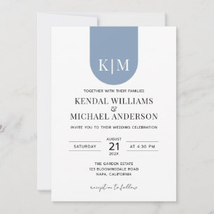 Invitación Boda de monograma azul polvoriento blanco simple y