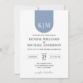 Invitación Boda de monograma azul polvoriento blanco simple y