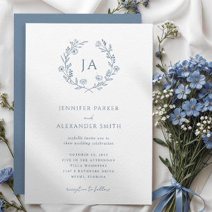 Invitación Boda de monograma azul turbio