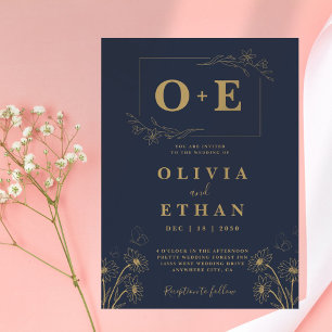 Invitación Boda de Monograma Azul y Oro de la Marina moderna