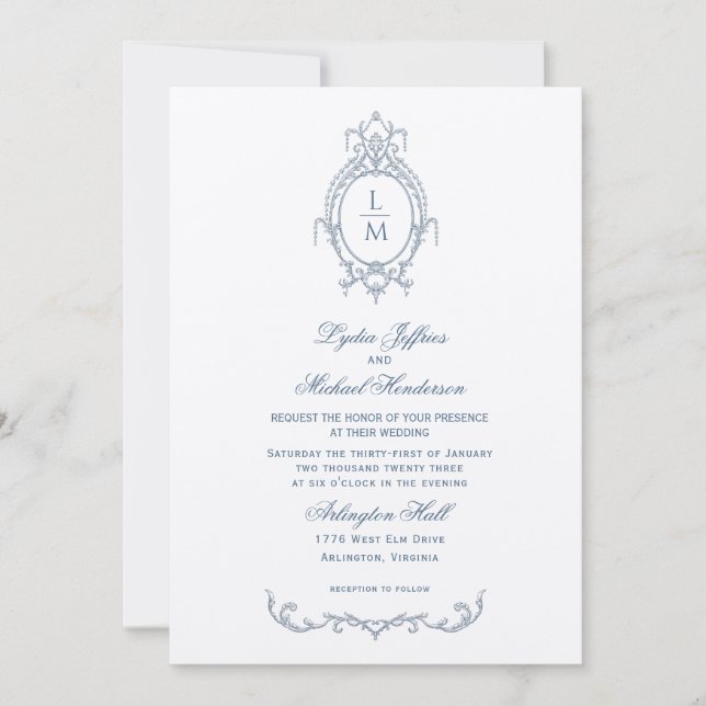 Invitación Boda de Monograma Barroco del Ornato Azul Francés (Anverso)