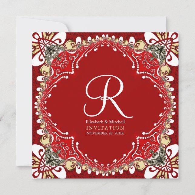 Invitación Boda de Monograma Batik Bohemian Rojo (Anverso)