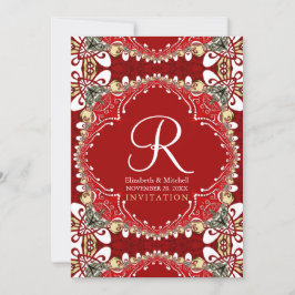 Invitación Boda de Monograma Batik Bohemio Rojo 5X7