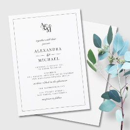 Invitación Boda de Monograma Blanco Blanco Negro Simple