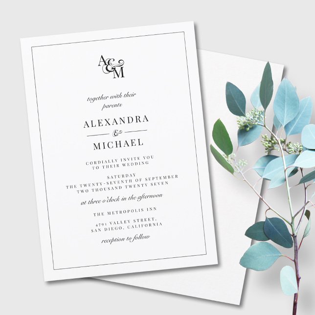 Invitación Boda de Monograma Blanco Blanco Negro Simple (Subido por el creador)