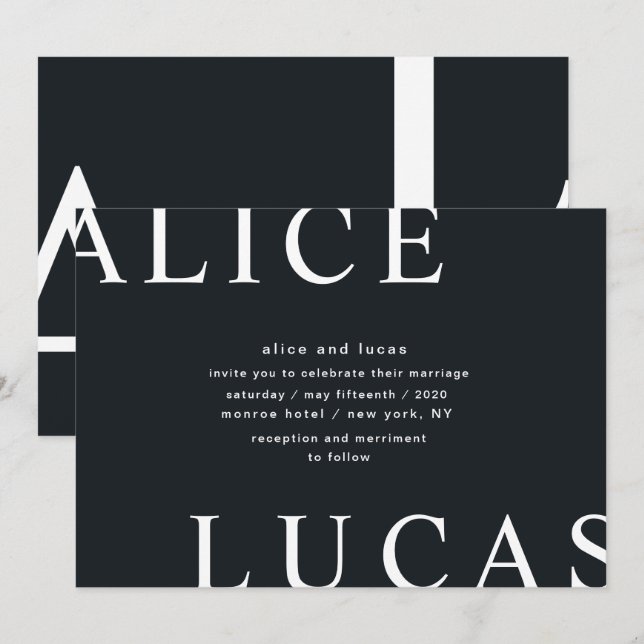 Invitación Boda de monograma blanco de diseño ultramoderno (Anverso / Reverso)