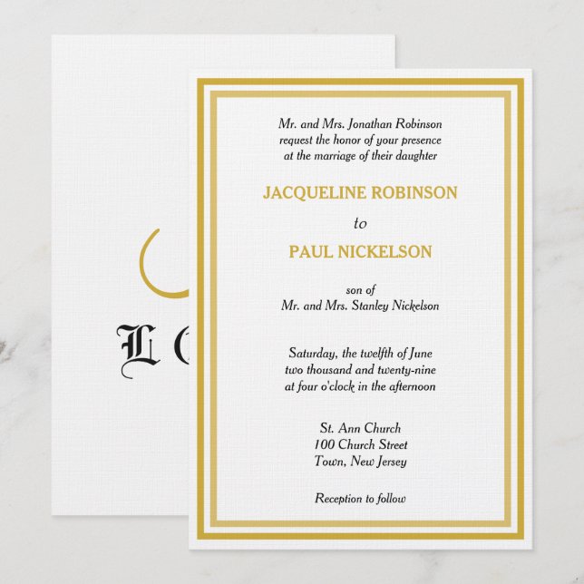 Invitación Boda de Monograma Blanco Dorado (Anverso / Reverso)