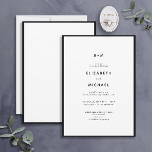 Invitación Boda de Monograma Blanco y Negro Simple Elegante