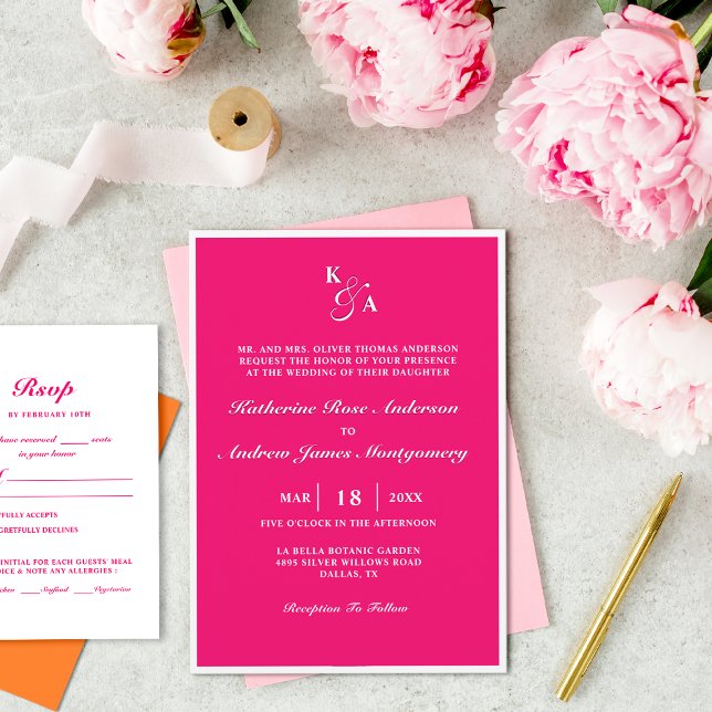 Invitación Boda de Monograma Blanco y Rosa Caliente Moderno E (Subido por el creador)