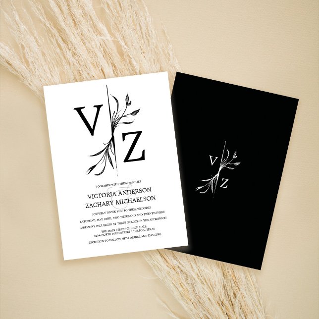 Invitación Boda de monograma Boho Mínimo de Hoja Blanca y Neg (Subido por el creador)