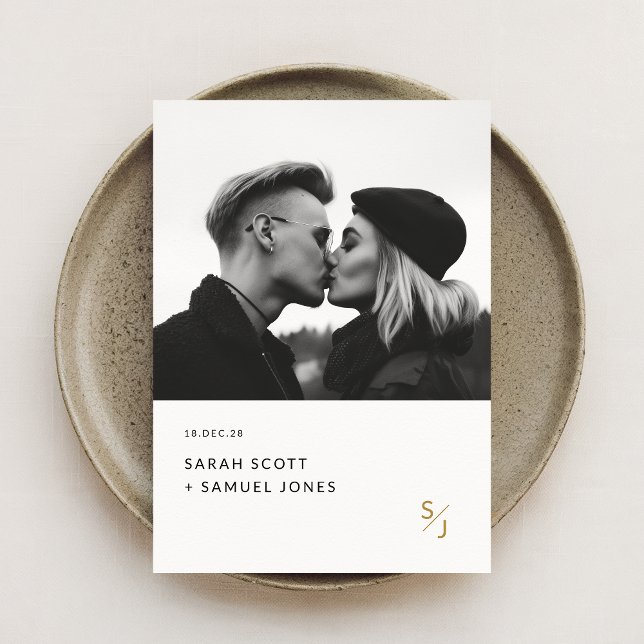 Invitación Boda de Monograma Boho Mínimo de Oro Blanco y Negr (Subido por el creador)