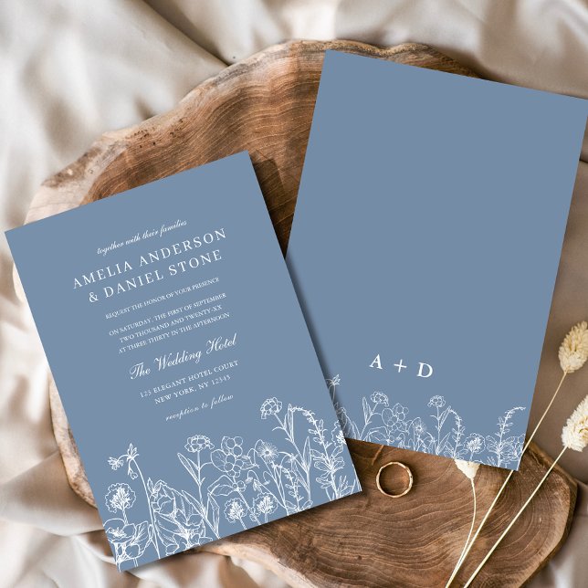 Invitación Boda de Monograma Botánico Azul Dusty (Subido por el creador)