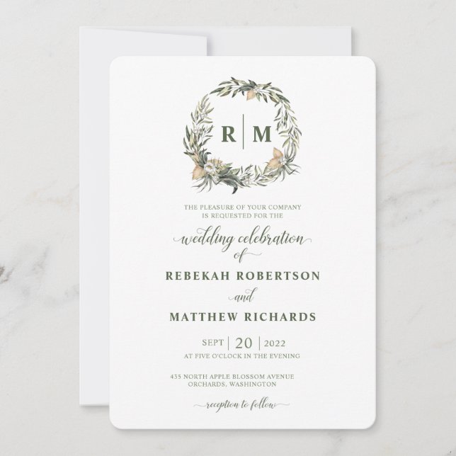 Invitación Boda de Monograma Botánico Blanco (Anverso)