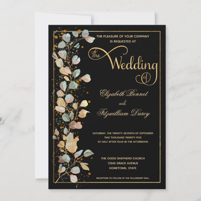 Invitación Boda de Monograma Botánico de Fotografía en Negro  (Anverso)