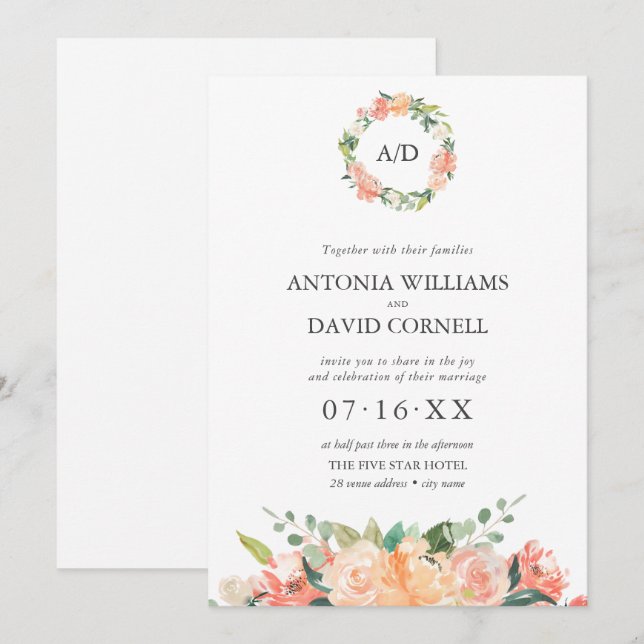 Invitación Boda de Monograma Botánico de Placa Floral de Vera (Anverso / Reverso)