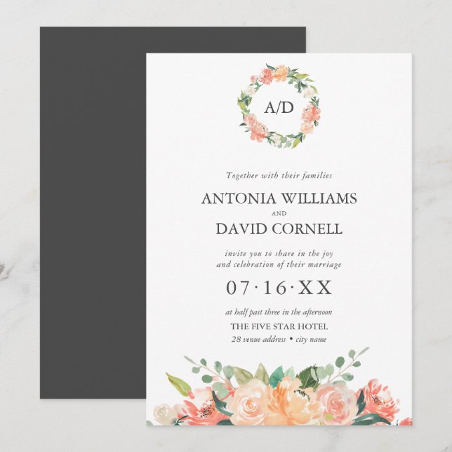 Invitación Boda de Monograma Botánico de Placa Floral de Vera (Anverso / Reverso)