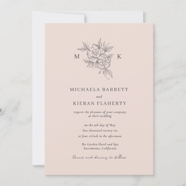 Invitación Boda de Monograma Botánico Elegante Rosa Rubor (Anverso)