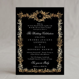 Invitación boda de monograma botánico negro y dorado