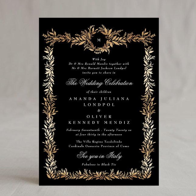 Invitación boda de monograma botánico negro y dorado (Subido por el creador)
