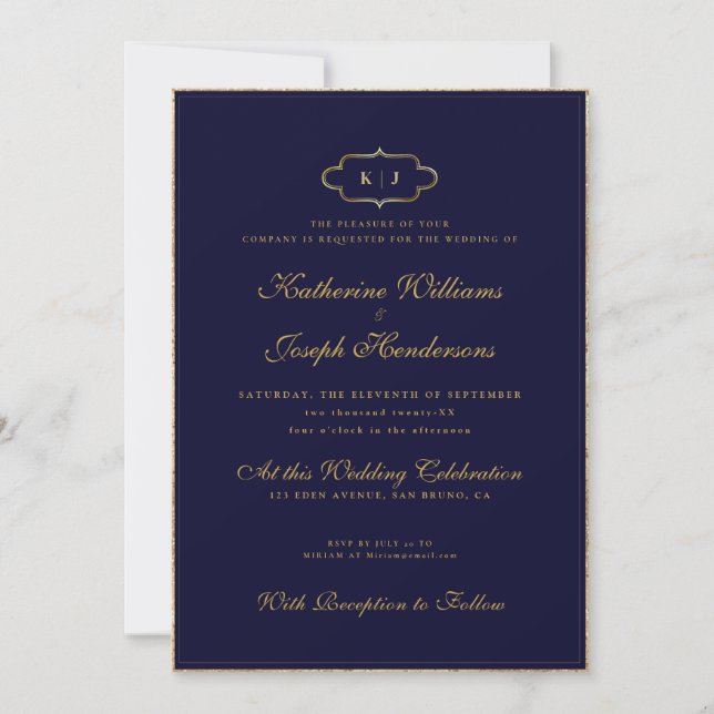 INVITACIÓN BODA DE MONOGRAMA CLÁSICA Y CALLIGRAFÍA ROMÁNTICA (Anverso)