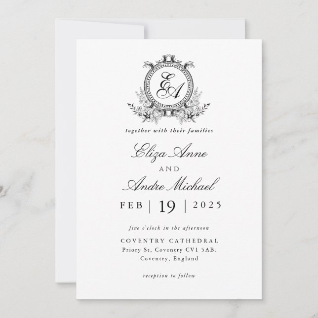 Invitación Boda de monograma clásico blanco y negro (Anverso)