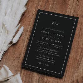 Invitación Boda de monograma clásico de borde negro y crudo