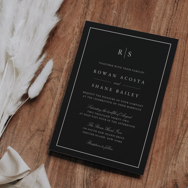 Invitación Boda de monograma clásico de borde negro y crudo (Subido por el creador)