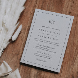 Invitación Boda de monograma clásico de borde negro y crudo