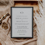 Invitación Boda de monograma clásico de borde negro y crudo<br><div class="desc">Un elegante borde doble y un primer detalle de monograma en negro nítido proporcionan un hermoso contraste frente al rico tono crema de marfil de estas invitaciones nupciales crudas. Una elección atemporal para bodas elegantes,  con hermosos tipos de letra tradicionales y un diseño de formato.</div>