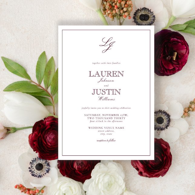 Invitación Boda de monograma clásico de caligrafía borgoña (Subido por el creador)