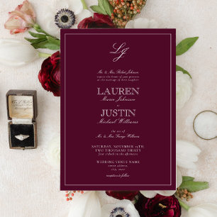 Invitación Boda de monograma clásico de caligrafía borgoña