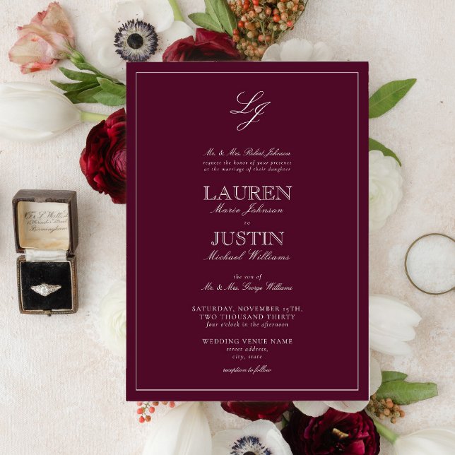 Invitación Boda de monograma clásico de caligrafía borgoña (Subido por el creador)