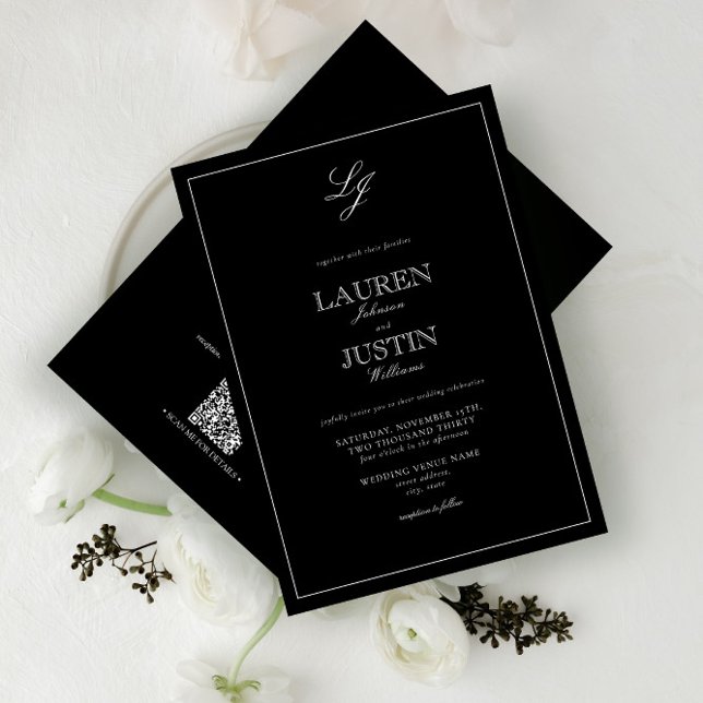 Invitación Boda de Monograma Clásico de Código QR en blanco y (Subido por el creador)
