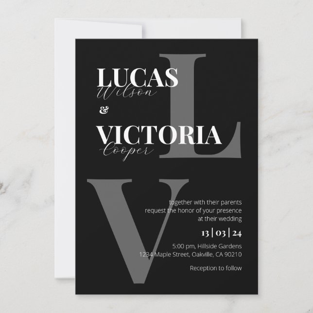 Invitación Boda de Monograma Clásico Elegante en Blanco y Neg (Anverso)