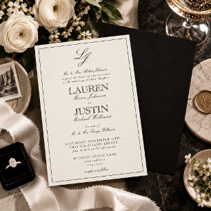Invitación Boda de Monograma Clásico en Negro y Marfil en Let