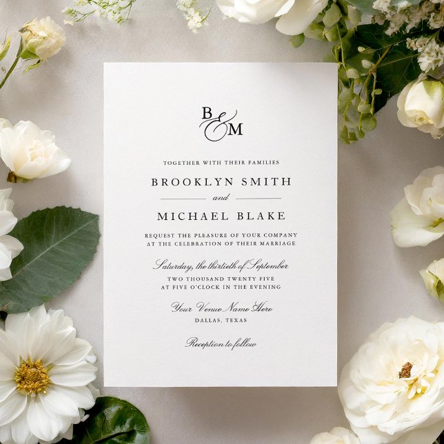 Invitación Boda de Monograma clásico formal en blanco y negro (Subido por el creador)