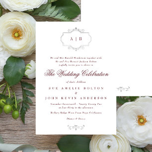 Invitación boda de monograma clásico maroon burgundy silver